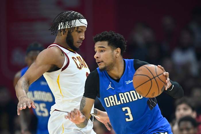 Cleveland Cavaliers forward Lamar Stevens (8) defends Orlando Magic forward Chuma Okeke (3) in the second quarter at Rocket Mortgage FieldHouse.
